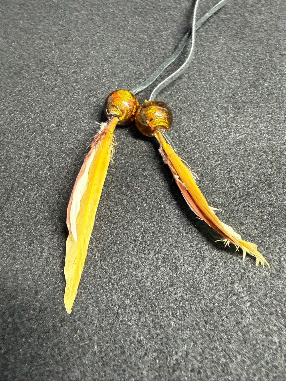 Vintage Italian Amber Look Beaded Leather Cord Lariat Necklace Feather Pendant